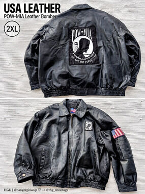 USA Leather POW MIA Black Leather Bomber Jacket Flag Patch Men’s 2XL
